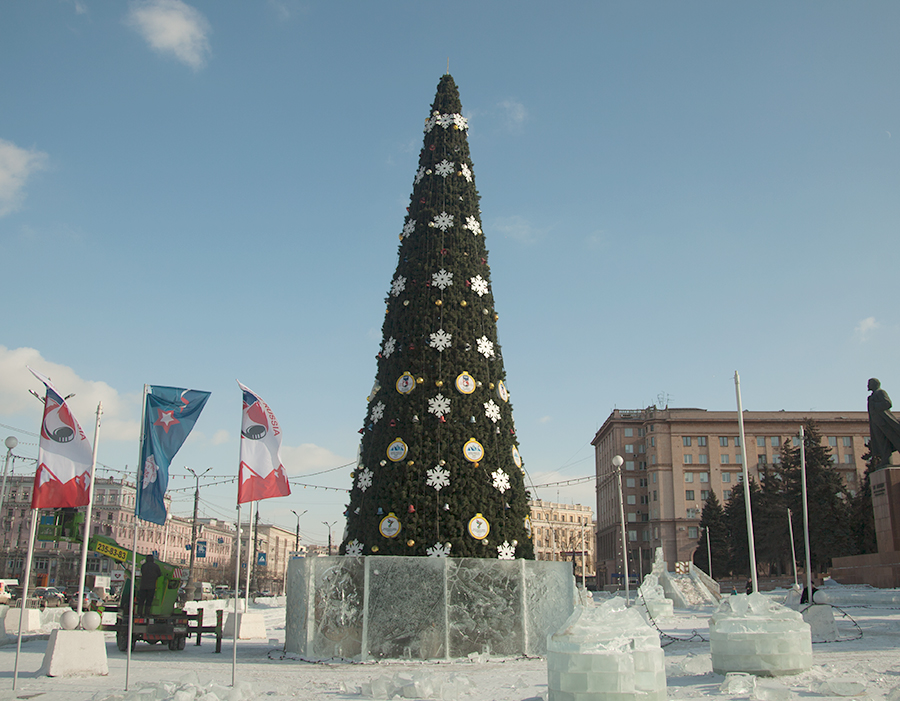 Фотография центральной городской елки, украшенной световыми гирляндами и декоративными световыми элементами декора